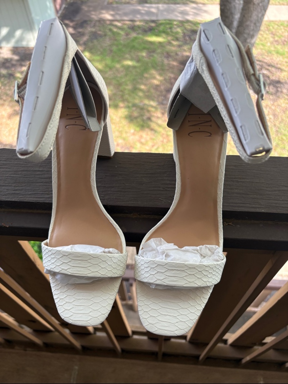 INC International Concepts White Textured Block Heel Sandals with Ankle Strap